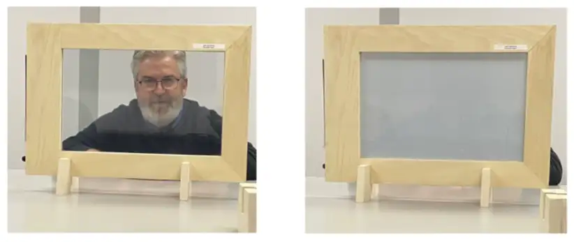 MVP of light-control film showing clear state with power OFF (left side) and scattering state when a voltage is applied in the ON state (right side).