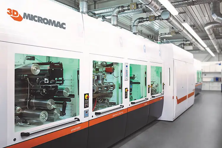 Figure 3. The 3D-Micromac system is a highly modular, roll-to-roll laser system for industrial manufacturing for flexible thin-film electronic devices. The modular concept allows the system design to be easily adapted to converters’ requests.