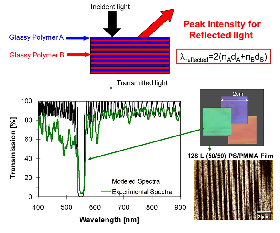 FIGURE 4. Multilayered films displaying optical reflections and physical coloring