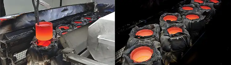 Figure 2. Removing a red-hot crucible from the induction coil (left), and a set of used sources showing the coated insulation fabric. This fabric helps reduce heat load to the substrate and heat loss from the source.