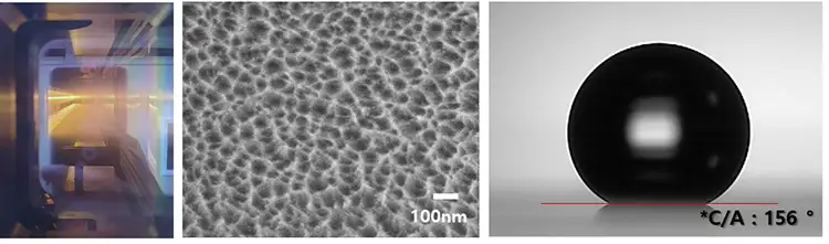 FIGURE 7. Photo of ion-beam treatment (left); ion-beam treated PET surface (middle); and water contact image (right)
