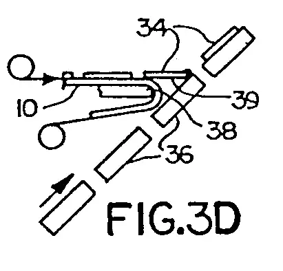 FIGURE 2. Figure 3D of US Patent 4,713,2731 [1] demonstrates the release of a pressure-sensitive label [34] from a release sheet [10]. The stiffness of the label prevents the label [34] from following the release sheet [10] as it turns over the peel back edge [38] of the applicator to contact the pressure-sensitive adhesive [39] to the product [36] allowing the application of the label.